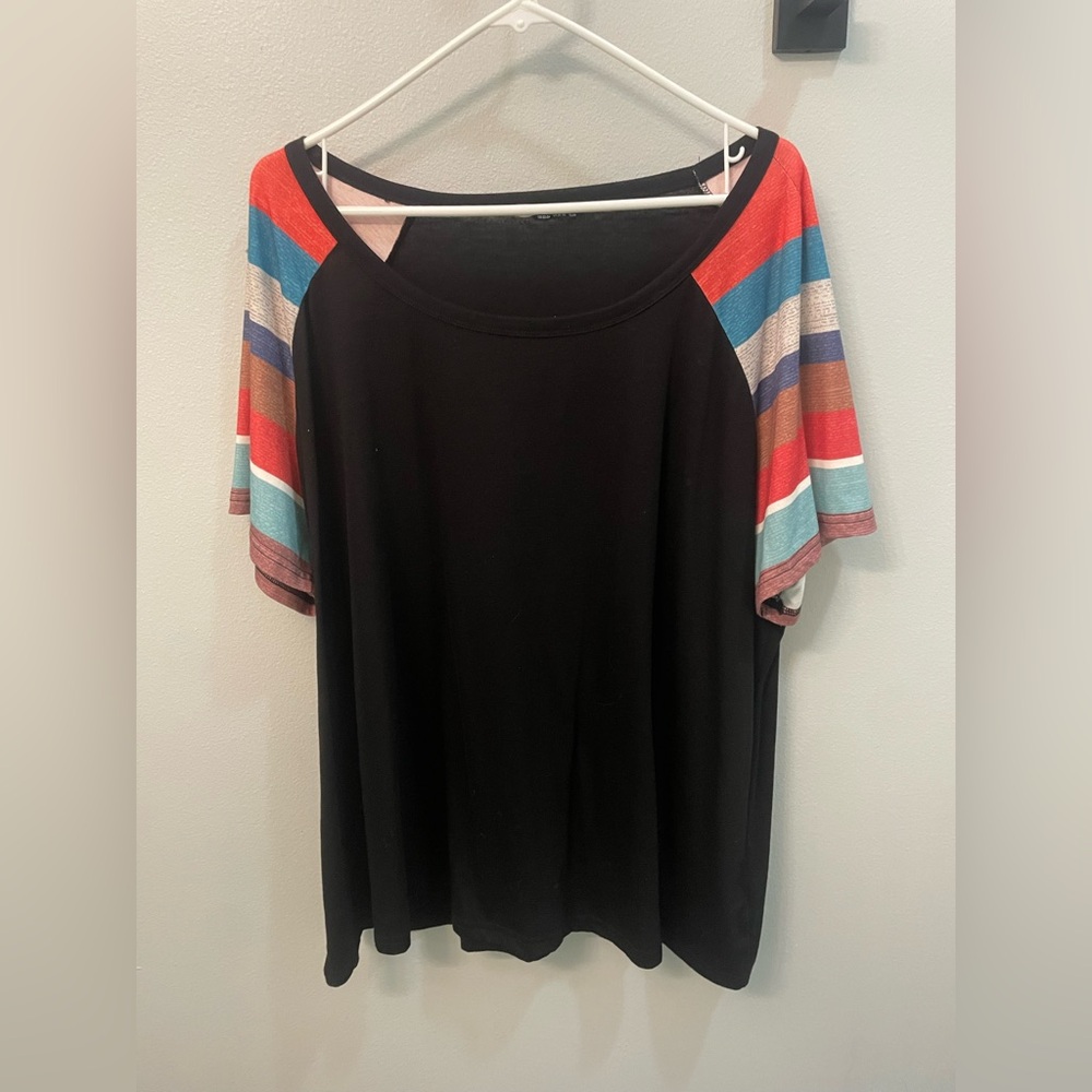 BloomChic Black Raglan Tee with Multicolor Stripes